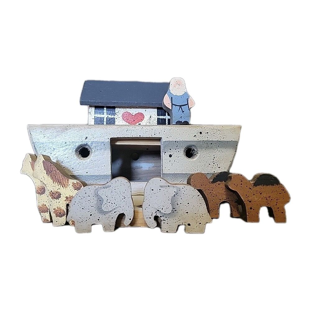 Noah's Ark Toy Boat on Wheels w/Animals -Wood - 8 Pieces - All Fit in Boat
